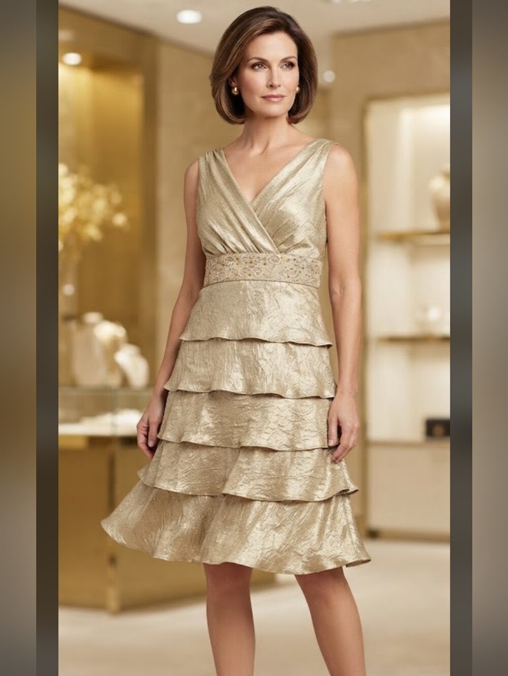 Elegant Tiered V-Neck Gold Cocktail Dress